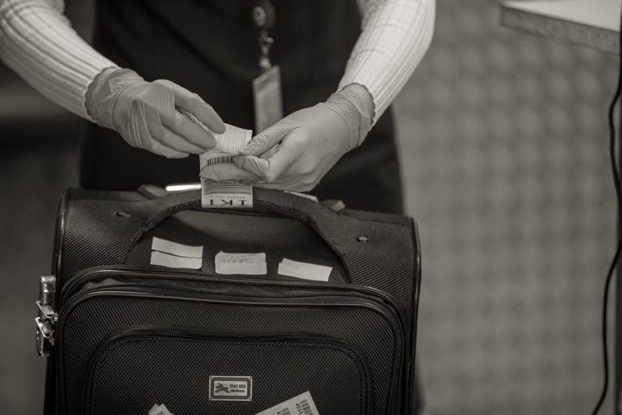 A leather luggage tag attached to a suitcase handle